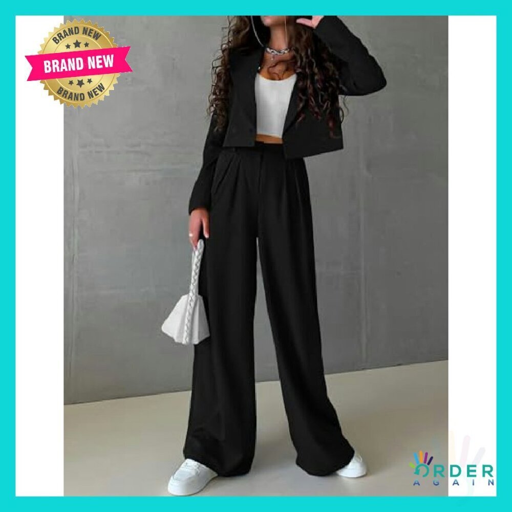 Cropped Blazer Wide Leg Pants Suit Set Business Casual Elegant Work Office - Picture 3 of 6